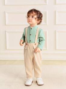 SHEIN Vintage Gentleman Style Baby Boys 2pcs Set: Textured Fabric Shirt + Cargo Suspender Pants, Cute Casual Outfit - Dusty Blue - View 6