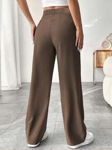 SHEIN PETITE Quần ống đứng màu trơn thường ngày cho nữ - màu nâu - Xem 2