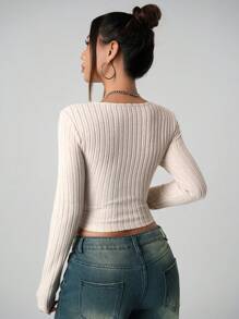 SHEIN ICON 女士纯色长袖简约罗纹休闲 Y2K 方领假日雪地女士米色舒适上衣，日常穿着 - 杏色 - 查看 2