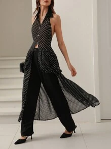 GENKIRA Women's Polka Dot Chiffon Halter Long Shirt  - Black - View 1