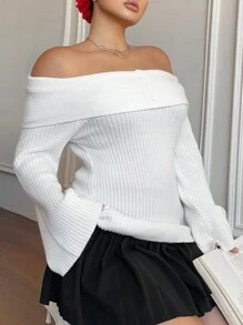 Flirla Plus Size Women Off-Shoulder Ribbed Knit Sweater, Elegant Long Sleeve Fitted Fall/Winter Pullover Knit Pullover - White - View 4