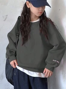 DAZY Tween Girl Round Neck Knit Letter Embroidered Sweatshirt, Tween Girl Fall Clothes - Dark Grey - View 1