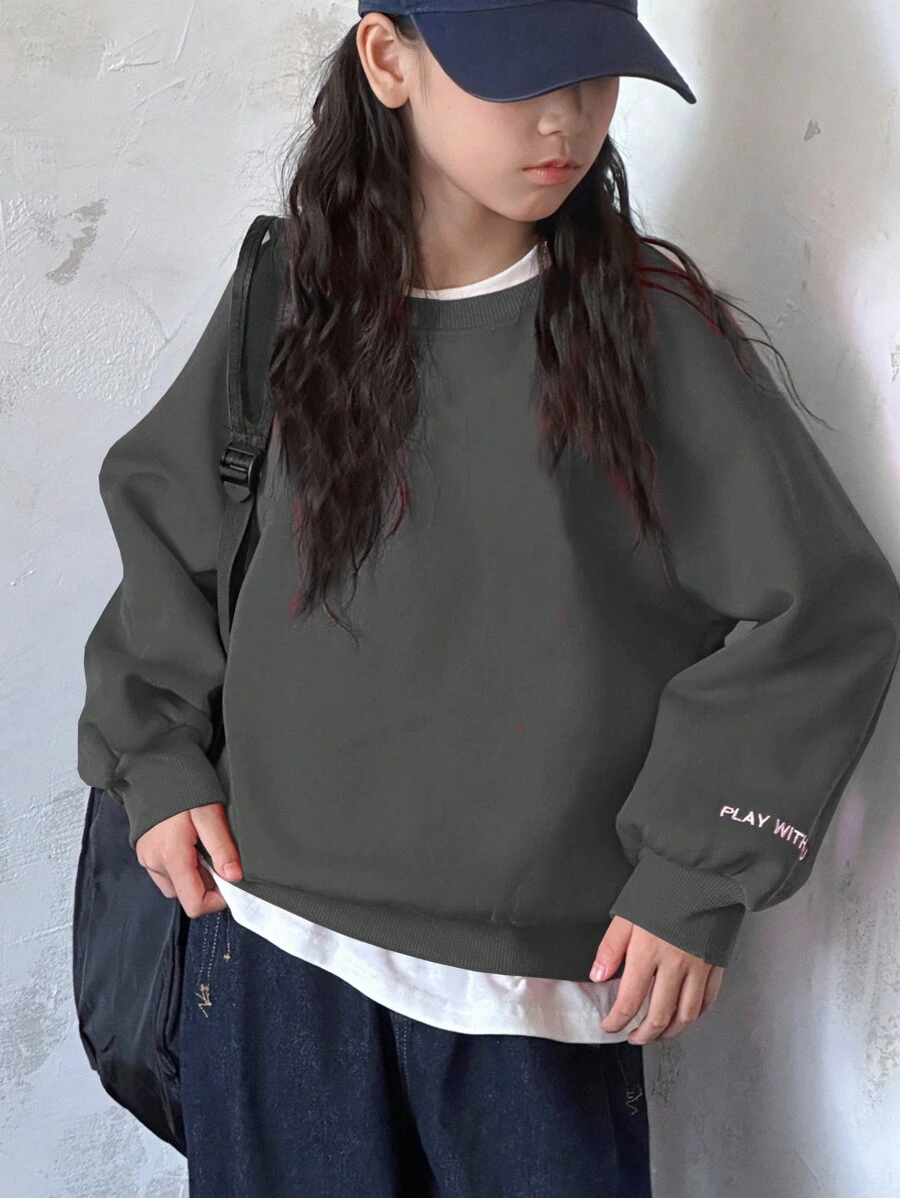 DAZY Tween Girl Round Neck Knit Letter Embroidered Sweatshirt, Tween Girl Fall Clothes - Dark Grey - View 1
