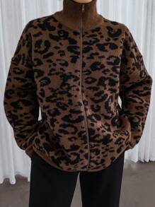 Dazy-Less Women's Full Leopard Print Jacquard High Collar Cardigan Cheetah Print,Fall Women Clothes
