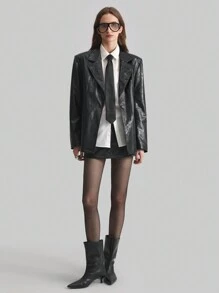 Ontre Ladies 2025 New Black PU Single-Button Pocket Casual Loose Long Sleeve Jacket, Daily, Work, Valentine's Day, Spring