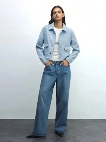 Maija Veste de travail polyvalente à manches longues, en mélange de laine, avec boutons frontaux, poches, de couleur bleu unicolore, pour femmes, idéale pour le printemps
