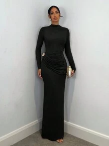 SHEIN BAE 优雅女士长袖连衣裙，带有金属装饰，适合休闲约会、郊游、夜总会派对和正式活动，秋季 - 黑色 - 查看 4