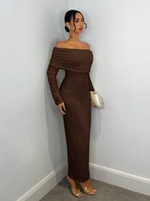 SHEIN BAE 杏色露肩纹理针织面料长袖修身连衣裙，适合浪漫约会和度假 - 咖啡棕 - 查看 4