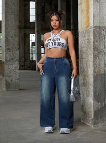 SHEIN ICON Jeans casuales de pierna ancha con múltiples bolsillos para mujeres de talla grande