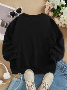 SHEIN Sparklyn Tween 女孩時尚休閒字母印花抓絨圓領運動衫 - 黑色 - 查看 2
