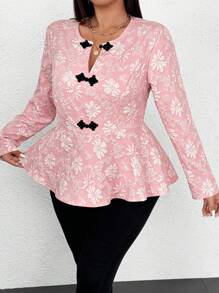 SHEIN Clasi Chemise décontractée à manches longues avec boutons devant et Top à peplum grande taille - Rose bonbon - Voir 6