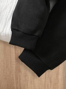 SHEIN Baby Boys Winter Outfit: 1) Brown Solid Color Lapel Jacket Top 2) Black Warm Fleece Thick Pants. Minimalist Design, Zipper Opening, Suitable For Various Occasions