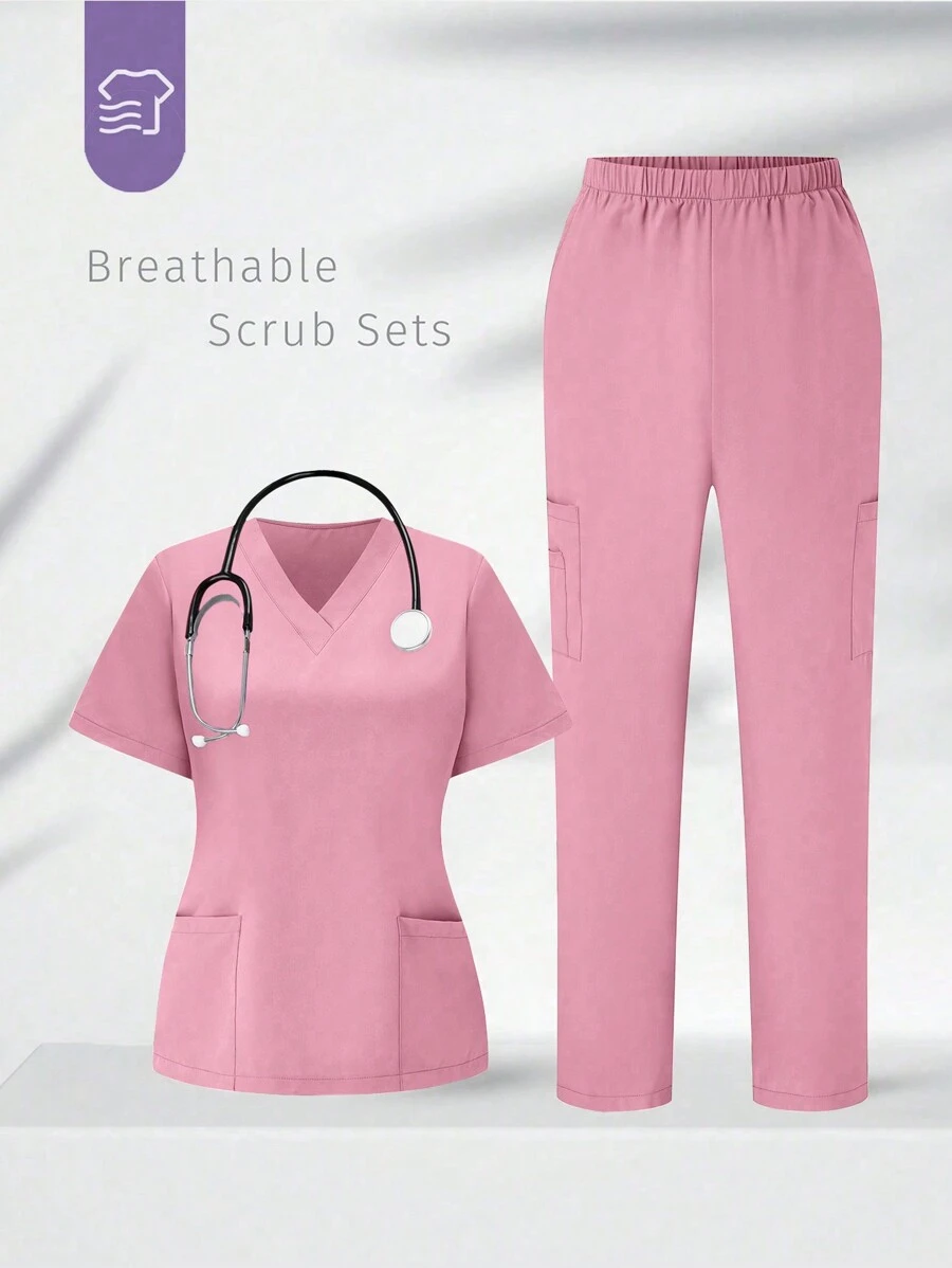 TaskEZ Komplet mundurowy Scrub Solidny top z krótkim rękawem i dekoltem w serek, kieszeniami i spodniami