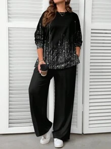 EMERY ROSE 2 件套：闪亮星空印花休闲简约圆领长袖运动衫和纯黑色裤子，适合秋冬季