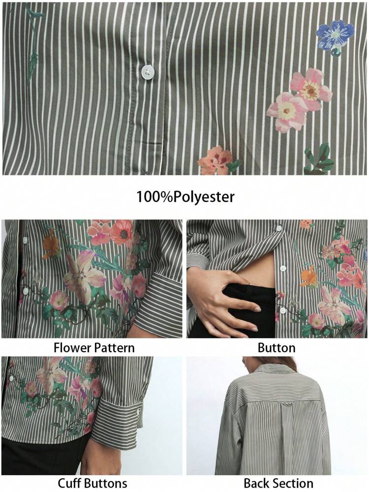 SHEIN Maija Women Floral Striped Long Sleeve Single-Breasted Casual Loose Fit Button Down Shirt, Versatile For Autumn/Winter