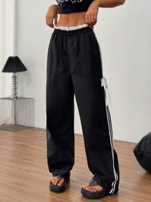 Chiquease Women's Bow Decor Black & White Contrast Color Ruffled Long Pants - Black - View 3