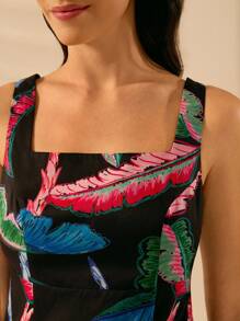 CAJUNI Vestido corto negro de verano casual con estampado de árbol de coco colorido, sin mangas, con lazo y espalda descubierta, estilo boho para playa