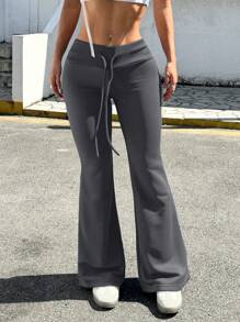 SHEIN EZwear Quần âu đơn sắc buộc dây phía trước dành cho nữ, phong cách tối giản, mặc hàng ngày - Màu xám đen - Xem 5