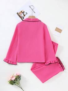 2pcs/Set Girls' Pink Casual Open Front Ruffle Trim Collar Knit Loungewear Set - Hot Pink - View 2