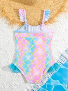 Young Girl' One-Piece Swimsuit With Cute Mermaid & Shell Print (Printed Pattern Randomly Assorted)