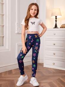 Tween Girl 舒适时尚彩色星星印花针织紧身裤，Tween - 藏蓝色 - 查看 3