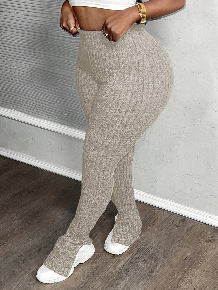 Slaydiva Pantalones casuales de cintura elástica con puños de felpa acanalados en color azul marino con corte en campana - Albaricoque - Ver 1