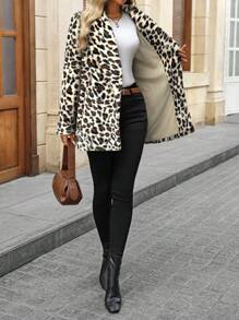 SHEIN LUNE Women's Simple Casual Leopard Print Fluffy Collar Long Sleeve Coat - Multicolor - View 6