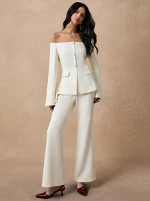 Poéselle Bộ đồ màu be, trang phục hai mảnh, áo dài tay, bộ đồ hai mảnh cho nữ, bộ đồ thanh lịch cho nữ, bộ đồ trễ vai tay loe màu trơn 2 món cho nữ và quần, thanh lịch, phù hợp cho hàng ngày, đi làm, ra phố, hẹn hò và những dịp khác - Màu be - Xem 6