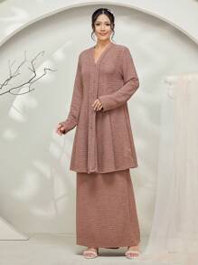 Veilorie Baju Kebaya 2pcs Set: Long Sleeve Long Top + Straight A-Line Midi Skirt Modest