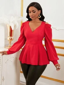 SHEIN Clasi Women's Solid Color Sweetheart Collar Long Sleeve Casual Top, Everyday Wear For New Year Clothes Peplum Top
