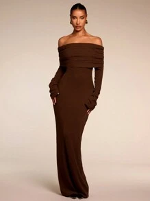 SHEIN BAE Women's Solid Color Off Shoulder Long Sleeve Casual Long Dress,Party Women Outfits,New Years Women Dress,Christmas Women Clothes