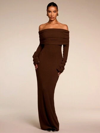 SHEIN BAE Women's Solid Color Off Shoulder Long Sleeve Casual Long Dress,Party Women Outfits,Women Dress Women Clothes