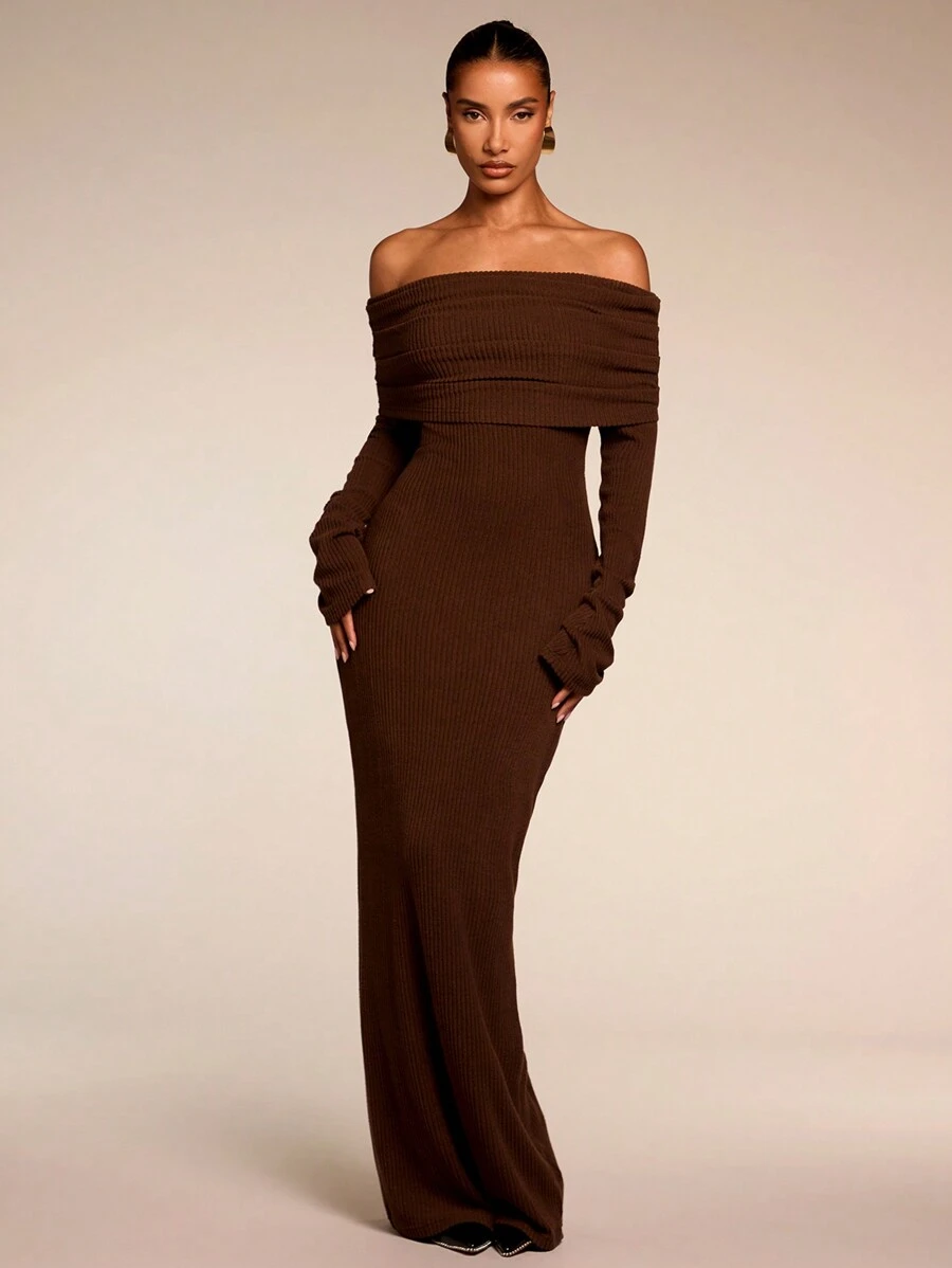 SHEIN BAE Women's Solid Color Off Shoulder Long Sleeve Casual Long Dress,Party Women Outfits,New Years Women Dress,Christmas Women Clothes