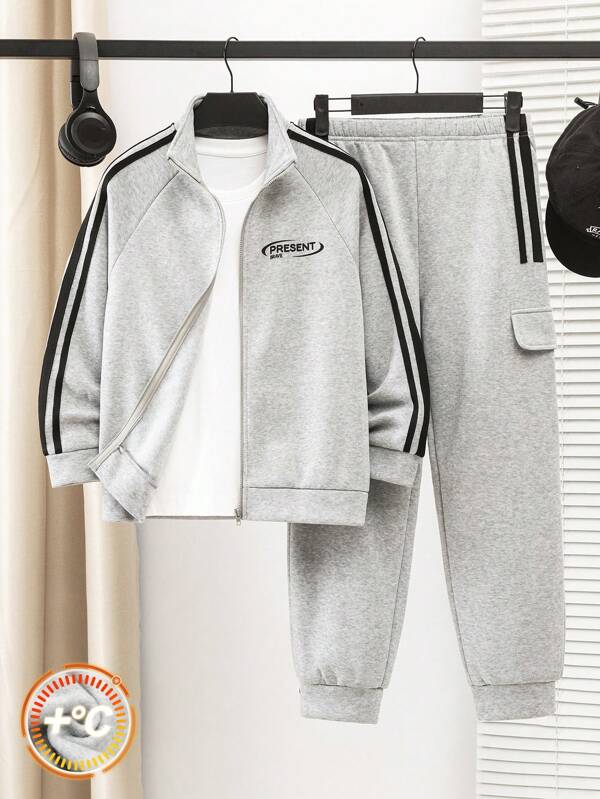SHEIN 2 Stücke/Set Teenager Jungen Floral Grau Lässig Sport Grafik Reißverschluss Kapuzenpullover und Jogginghose Outfit, geeignet für Pendeln, Schule, Alltag, Lässig Unternehmungen und Sport im Herbst/Winter, minimalistischer Street-Style