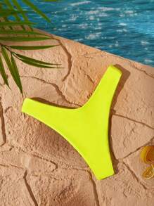 SHEIN Swim 女性夏季海灘時尚純色褶皺設計高腰比基尼下身 - 青檸色 - 查看 2
