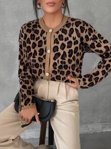 EURMUSE Women's Loose Fit Single-Breasted Leopard Print Round Neck Cardigan, Long Sleeve,Petite Cardigans,Cardigans