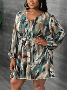 Slaydiva Elegantes, pendeltaugliches, Party, Date, Urlaubs Bodycon Langarm Kreuzgurte Taillenzugband A-Linie Batikdruck Mini Kleid, Große Größen, Frühling/Sommer/Herbst