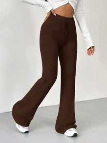 SHEIN EZwear Damskie jednokolorowe, ściągane sznurkiem, rozszerzane nogawki, swobodne, obcisłe spodnie dresowe