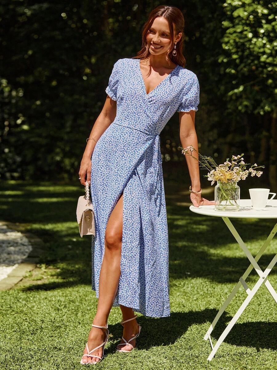 SHEIN VCAY Spring Ditsy Floral Print Knot Side Wrap Long Dress - Blue and White - View 1