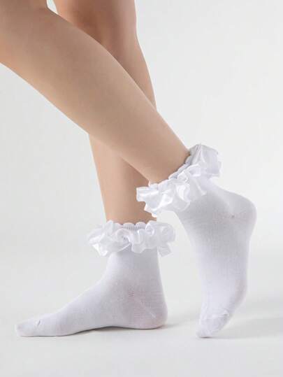 Kawaii Calcetines minimalistas de media caña con volantes de color liso para mujer, uso casual diario