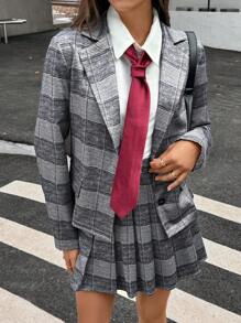 Chiquease Women's Front Button Long Sleeve Notched Collar Plaid Minimalist Blouse And Skirt Suit Set - Grey - View 3