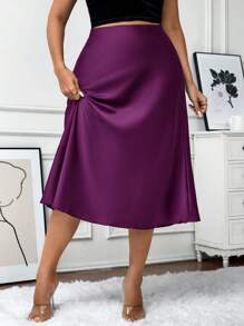 SHEIN LUNE Plus Size Women Solid Color Casual Wine Red Mini Skirt