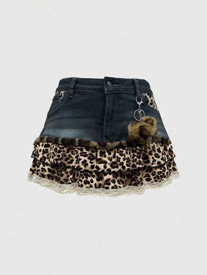 Kawaii Minifalda vaquera linda con estampado de leopardo y encaje contrastante en tallas grandes