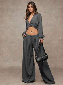 SHEIN BAE Women's Fall And Winter Gray Solid Color Ultra Short Buttons Decorated Twist Sexy V-Neck Women's Shirts Fall Women's Business Casual Blouses Fall Women's Christmas Clothing/Office Siren Dress/Formal Shirt/Long Sleeve Shirt