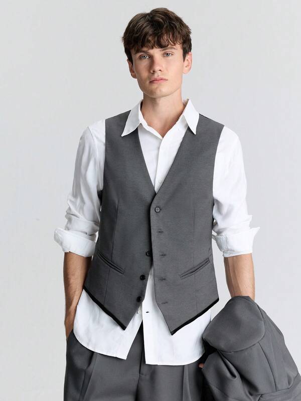 Ontre Chaleco casual de lana gris de una sola para hombres, con bloque de color, para la primavera. Elegante, versátil, adecuado para jóvenes, casual, Año Nuevo, reunión festiva, viaje diario