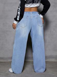 SHEIN ICON Plus Size Women Casual Distressed Denim Jeans - Blue - View 2
