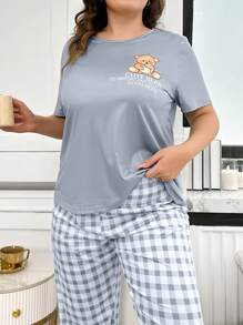 大码熊印花短袖上衣和格子长裤睡衣套装