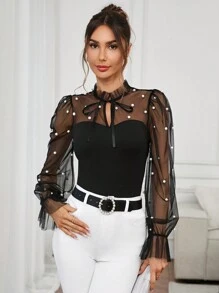 Editum Áo cánh tay dài màu đen viền bèo nhún lãng mạn thanh lịch dành cho nữ, ngày lễ tình nhân - màu đen - Xem 3