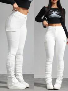 SHEIN Tall Women's Jeans White Skinny Stretch Work Pocket Pants Denim Jeans Pants Stacked Women Jeans Tall Women Pants Y2k Jeans Women Tights Cargo Pants Stacked Women Jeans Tall Women Pants