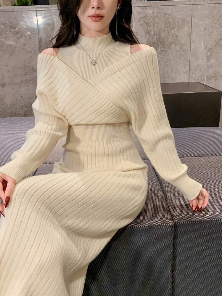 Women Minimalist Solid Color Stand Collar Cutout Shoulder Waist Knit Sweater Dress, Autumn